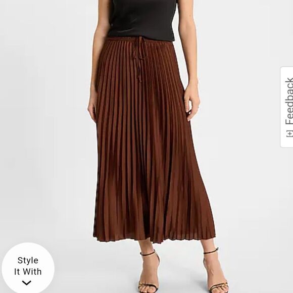 High Waisted Satin Drawstring Pleated Midi Skirt - Picture 1 of 7